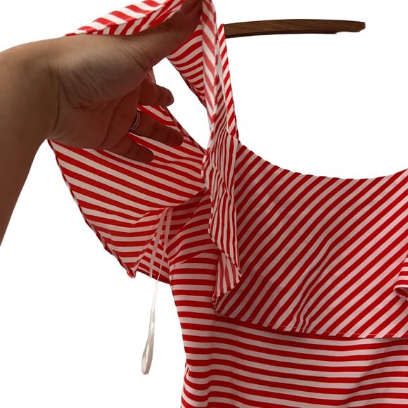 Neiman Marcus Red Striped Pin Up Cold Shoulder Ruffle Neckline Fit Flare Dress 4 - Picture 2 of 5